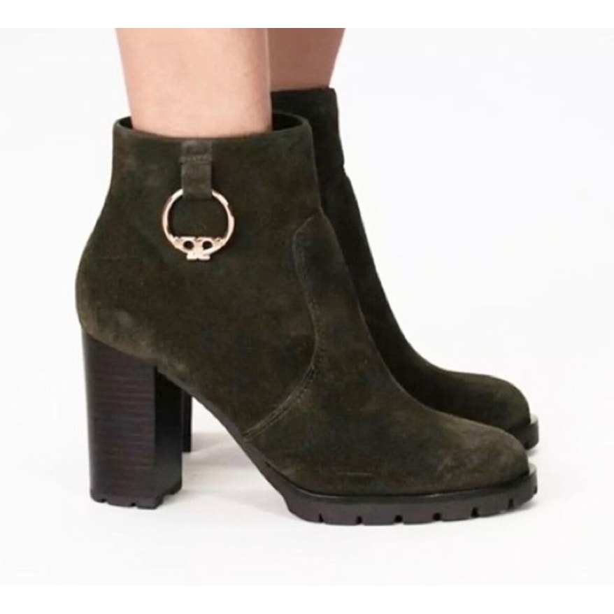 Tory Burch Sofia Suede Leather Dark Green Boxwood Booties